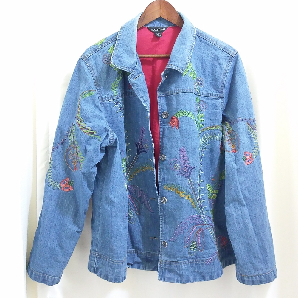 Lined Denim Jacket with Embroidery & Beading - Sz L/XL